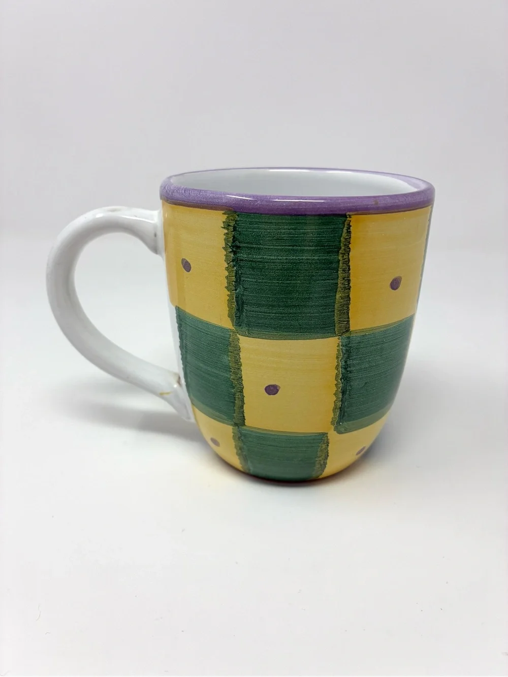 Pottery Barn China “Sunnyside” Mug 4 1/8 Green-Yellow Checker Italy Earthenware
